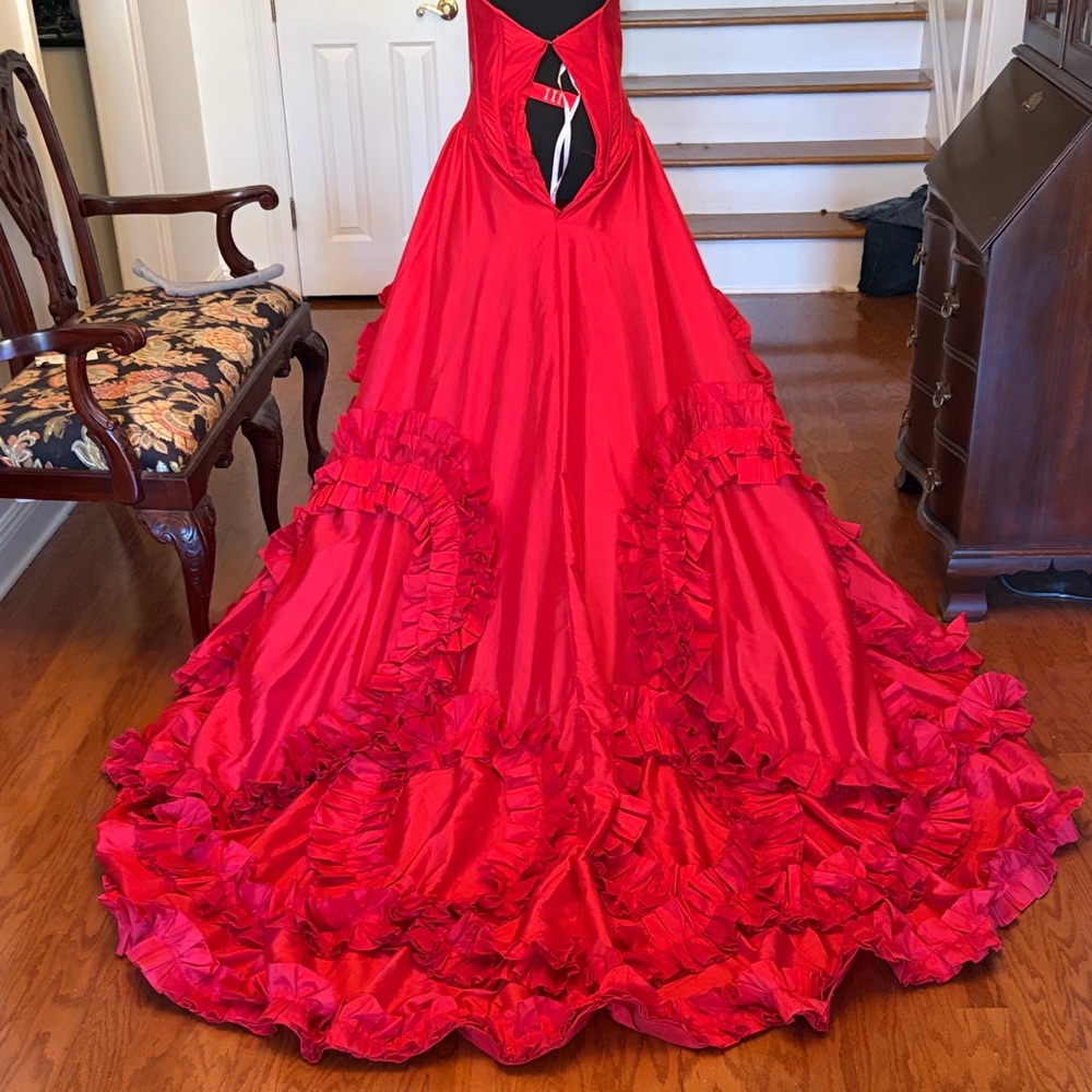 Sherri Hill Red Ruffled Ball Gown Prom Dress - Picture 4 of 12